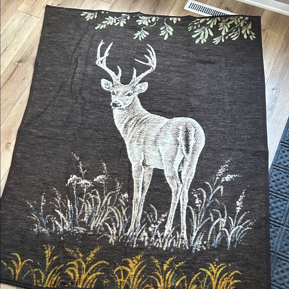 Vintage Biederlack Deer Buck Reversible Blanket  Cabincore Germany 69”x53”